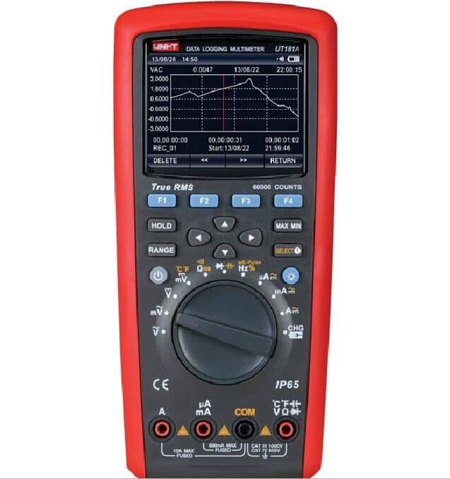 Uni T UT181A True RMS Data Logging Multimeter front view with leads