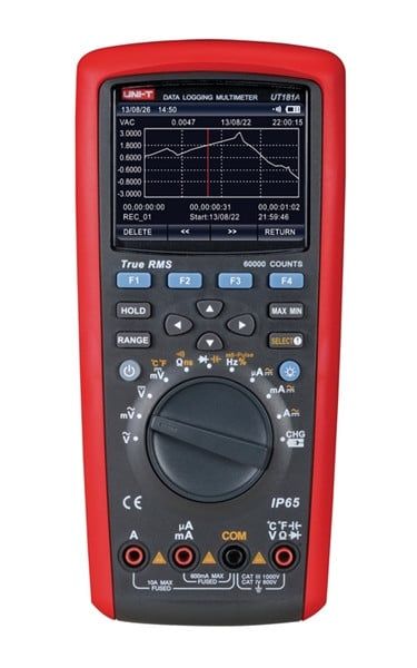 Uni T UT181A True RMS Data Logging Multimeter front view with leads