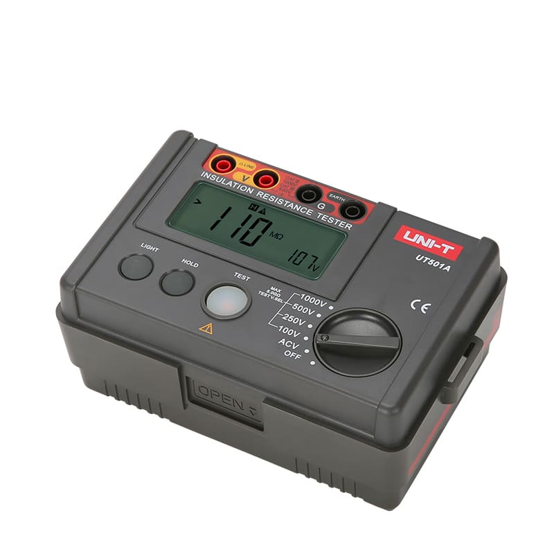 Uni T UT501A 1000V insulation resistance tester on a white background.