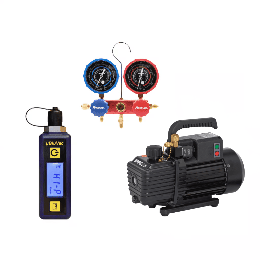 vacuum pump, micron gauge and manifold combo