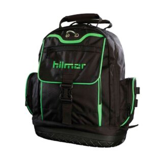 Hilmor 1839080 Backpack Tool Bag for HVAC technicians 19 pockets rubber bottom black and green